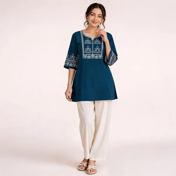 Blue_Slub_Cotton_Straight_Co-Ord_Kurti_Palazzo_Set_For_Women