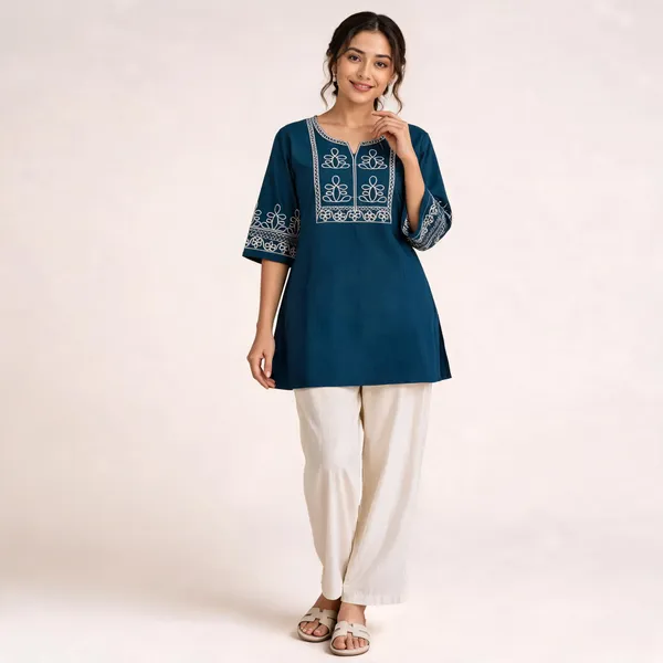 Blue_Slub_Cotton_Straight_Co-Ord_Kurti_Palazzo_Set_For_Women