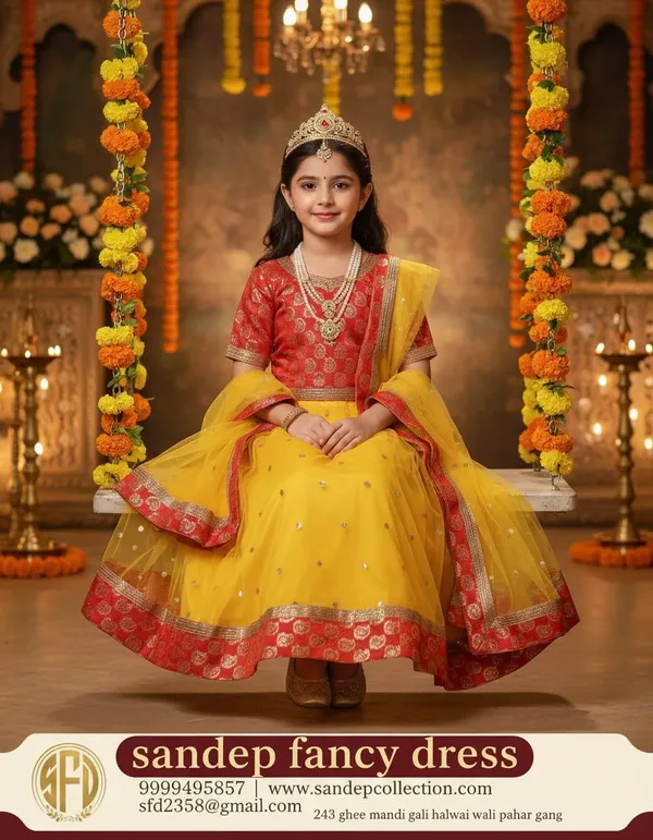 Yellow_Red_Net_Brocade_Radha_Lehenga_Choli_Costume_For_Kids