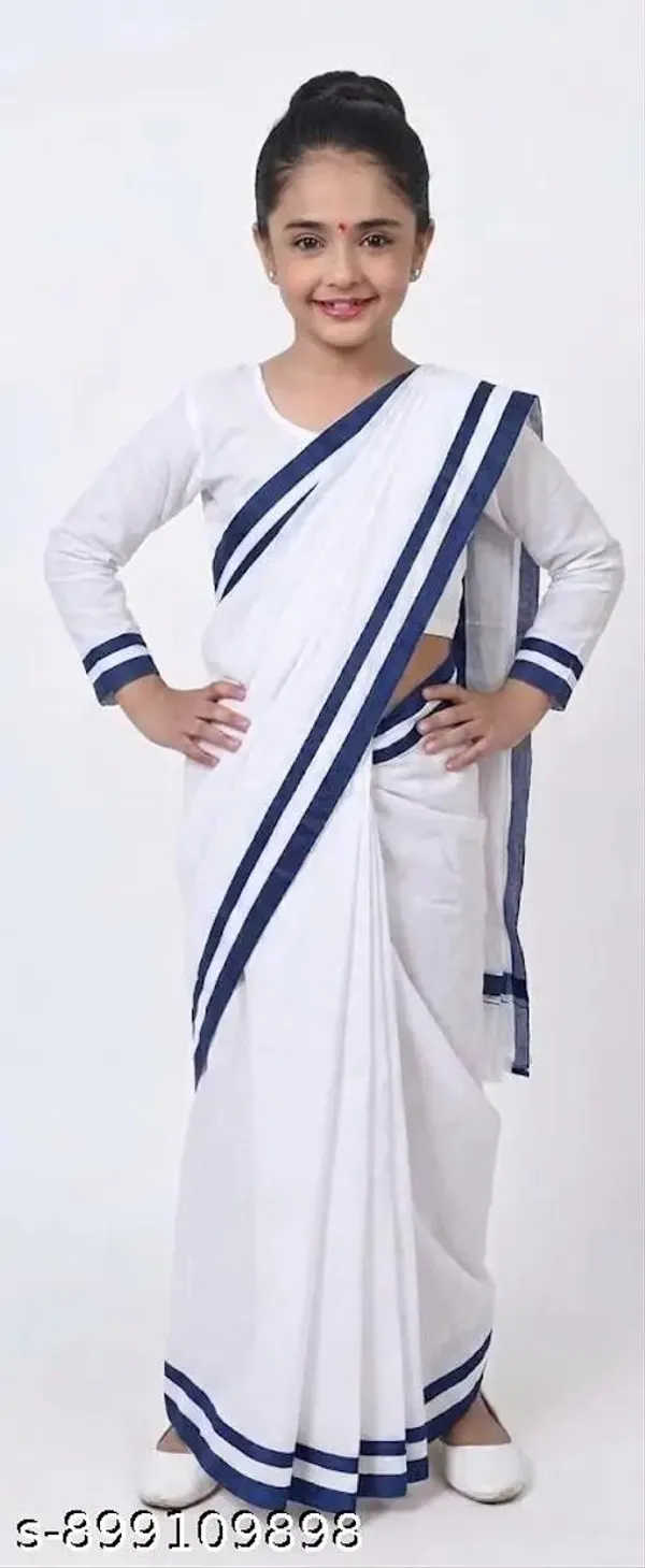 White_Blue_Border_Polyester_Fancy_Dress_Saree_Costume_For_Kids