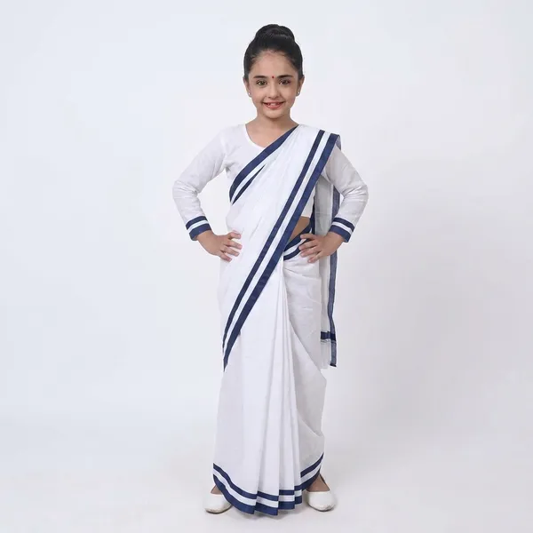 White_Blue_Border_Polyester_Fancy_Dress_Saree_Costume_For_Kids