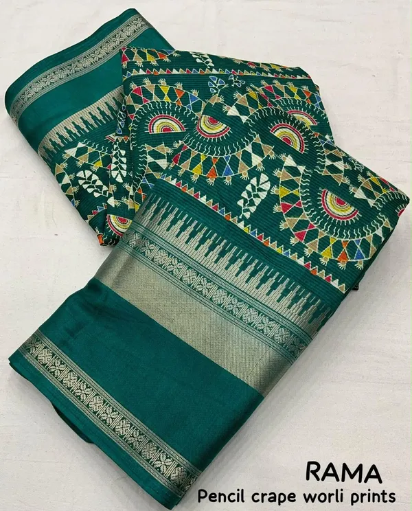 Green_Crepe_Warli_Print_Saree_For_Women