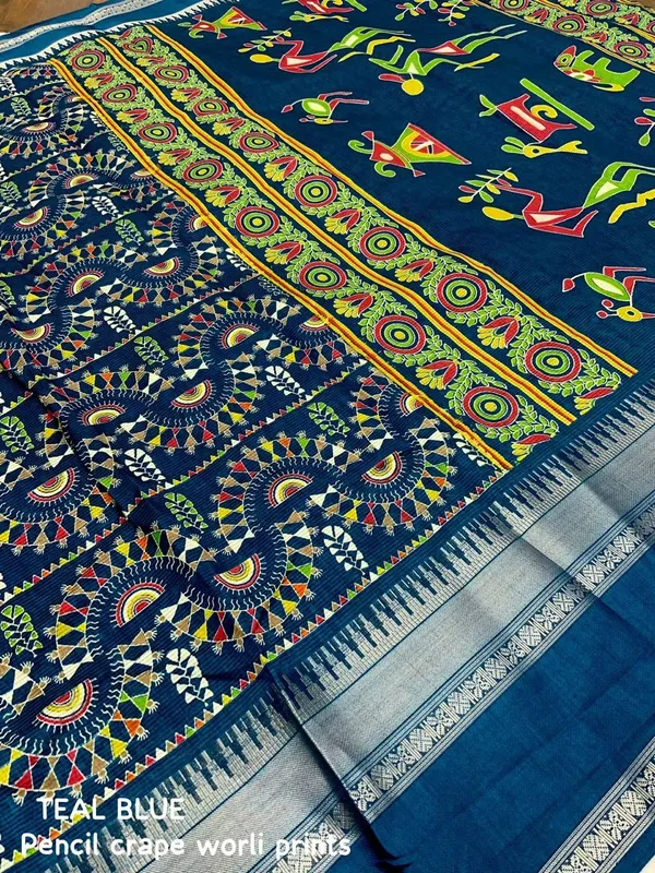 Blue_Crepe_Warli_Print_Saree_For_Women