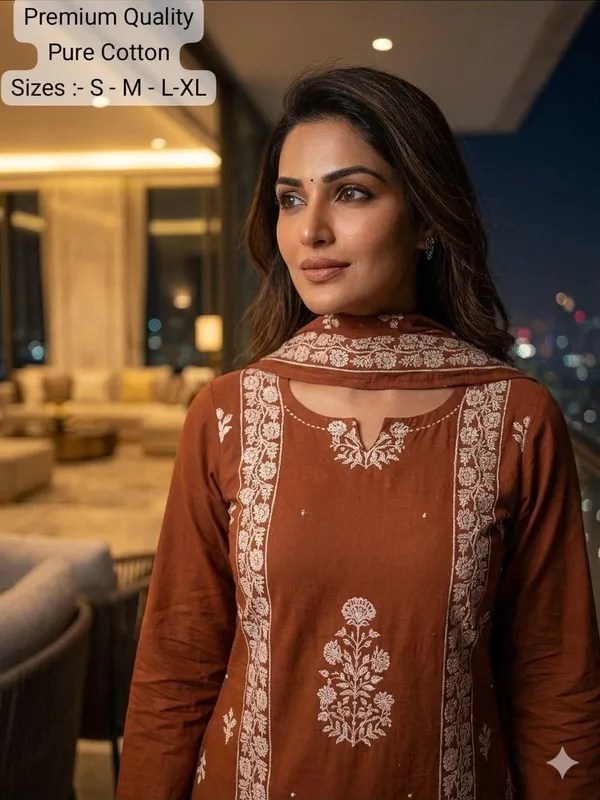 Brown_Cotton_Floral_Kurta_Set_For_Women