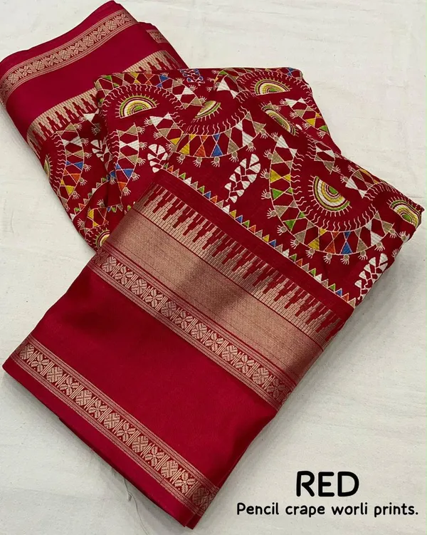 Red_Crepe_Warli_Print_Saree_For_Women
