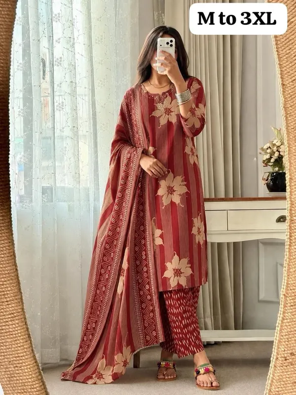 Maroon_Floral_Print_Straight_Kurta_Set_For_Women