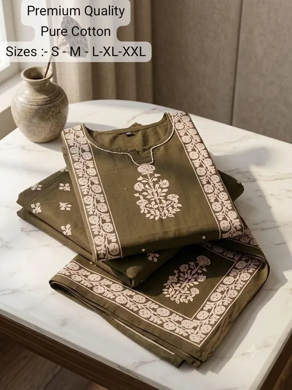 Olive_Cotton_Printed_Kurta_Set_For_Women