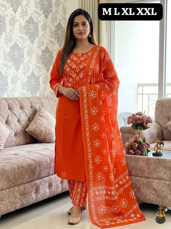 Orange_Printed_Straight_Fit_Kurta_Set_For_Women