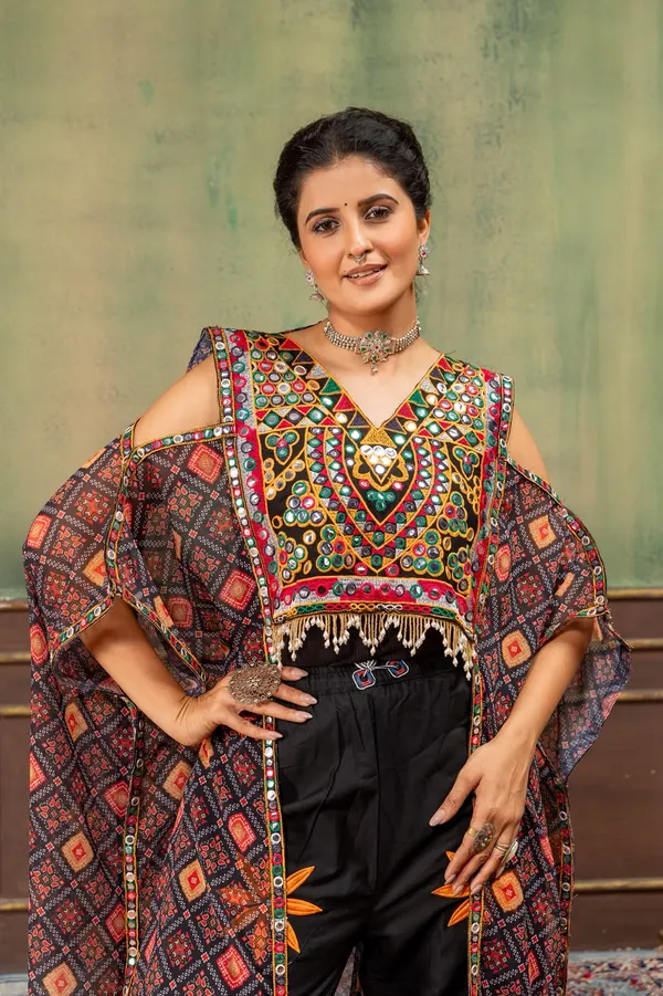 Black_Embroidered_Mirror_Work_Kaftan_with_High-Waist_Cotton_Denim_Jeans_–_Navratri_2026_Garba_Outfit