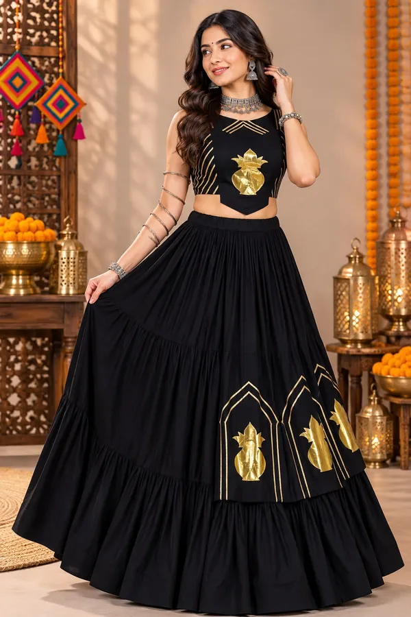 Classic_Black_Rayon_Cotton_Chaniya_Choli_with_Golden_Kalash_Patch_Work_–_Navratri_Garba_Lehenga_Set