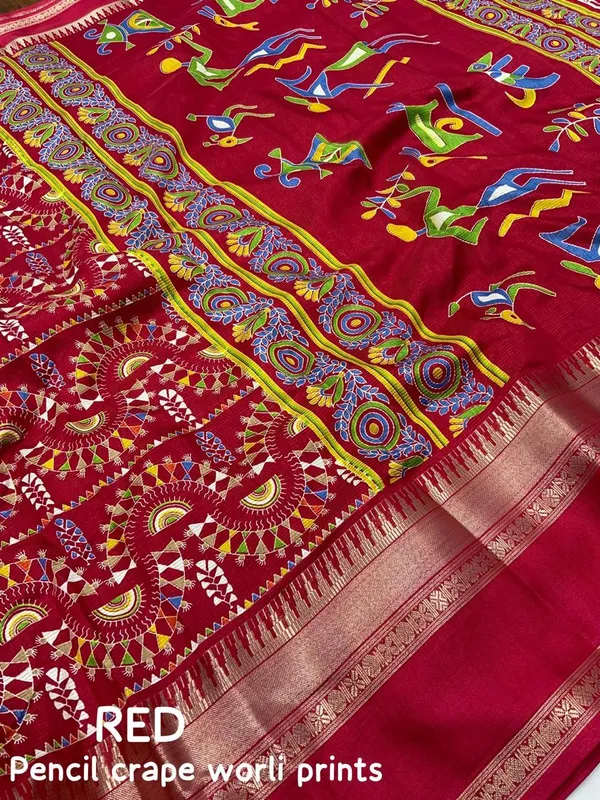 Red_Crepe_Warli_Print_Saree_For_Women