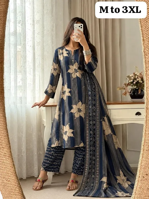 Navy_Floral_Print_Straight_Salwar_Suit_Set_For_Women