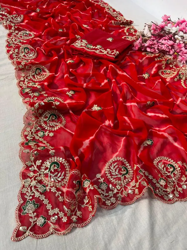 Red_Embroidered_Saree_With_Blouse_Piece_For_Women