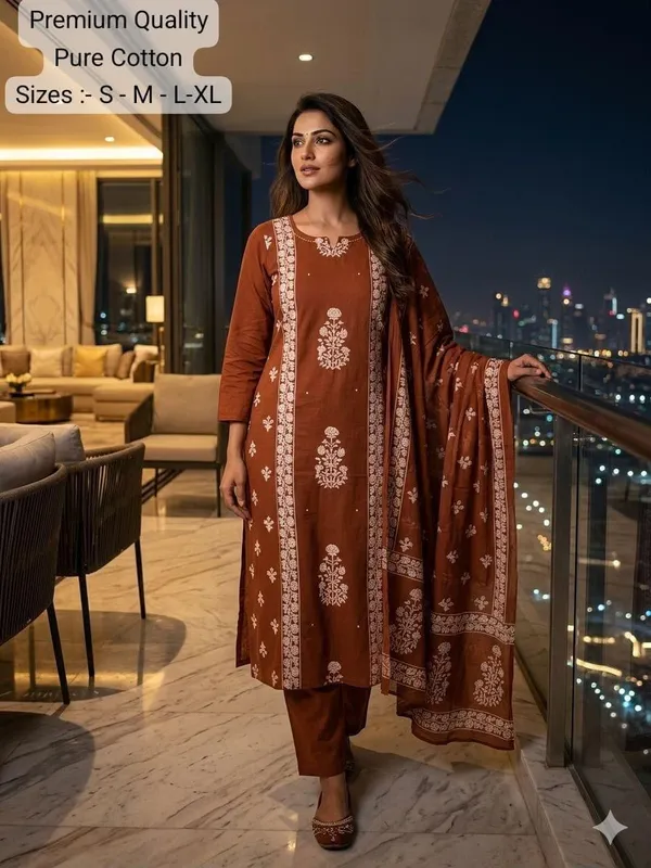 Brown_Cotton_Floral_Kurta_Set_For_Women