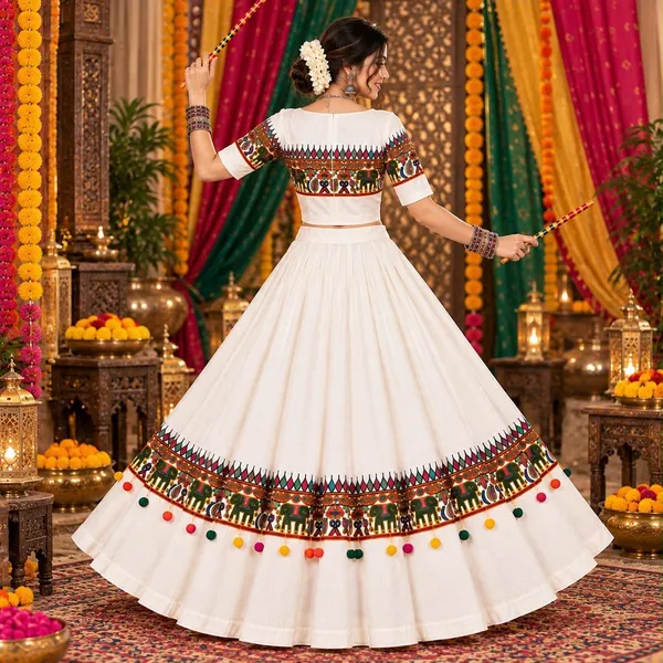 Ivory_White_Roman_Silk_Chaniya_Choli_with_Printed_Lace_&_Heavy_Ball_Latkan_–_Traditional_Navratri_Garba_Outfit_for_Women