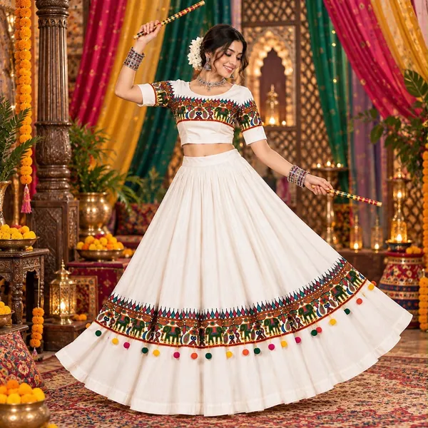 Ivory_White_Roman_Silk_Chaniya_Choli_with_Printed_Lace_&_Heavy_Ball_Latkan_–_Traditional_Navratri_Garba_Outfit_for_Women