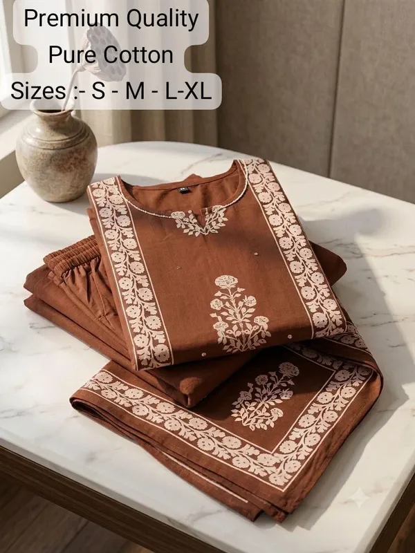 Brown_Cotton_Floral_Kurta_Set_For_Women