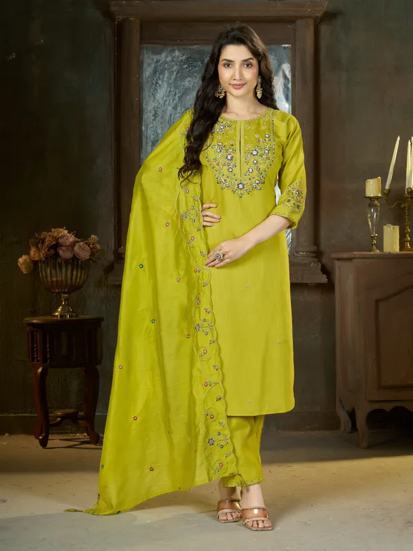 Lime_Green_Floral_Embroidered_Kurta_Pant_Set_with_Dupatta_for_Women