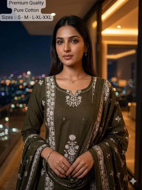 Olive_Cotton_Printed_Kurta_Set_For_Women