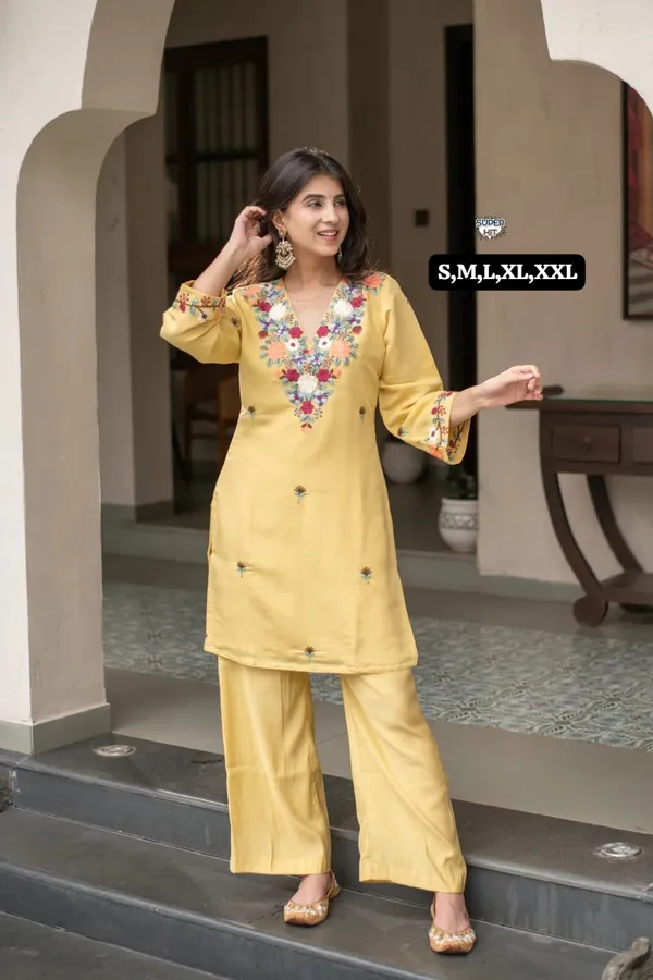 Mustard_Yellow_French_Crepe_Embroidered_Kurti_Pant_Set_–_2-Piece_Ethnic_Wear_Suit_for_Women