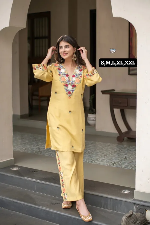 Mustard_Yellow_French_Crepe_Embroidered_Kurti_Pant_Set_–_2-Piece_Ethnic_Wear_Suit_for_Women