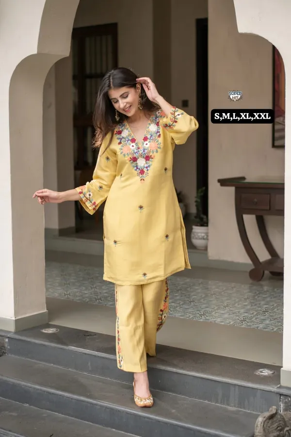 Mustard_Yellow_French_Crepe_Embroidered_Kurti_Pant_Set_–_2-Piece_Ethnic_Wear_Suit_for_Women