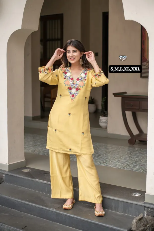 Mustard_Yellow_French_Crepe_Embroidered_Kurti_Pant_Set_–_2-Piece_Ethnic_Wear_Suit_for_Women
