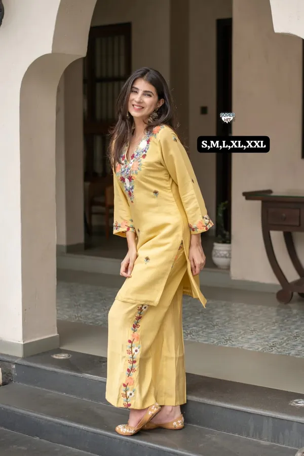 Mustard_Yellow_French_Crepe_Embroidered_Kurti_Pant_Set_–_2-Piece_Ethnic_Wear_Suit_for_Women