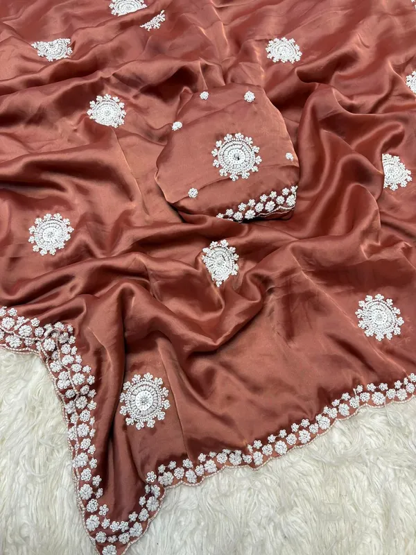 Rust_Satin_Embroidered_Saree_Set_For_Women