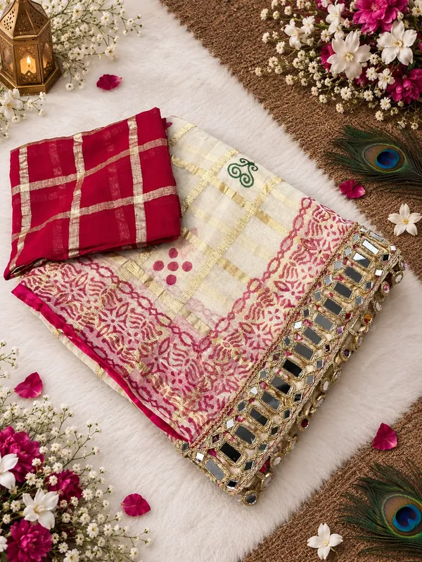 Off_White_&_Wine_Soft_Viscose_Checkered_Woven_Saree_with_Printed_Design_&_Heavy_Mirror_Work_Border