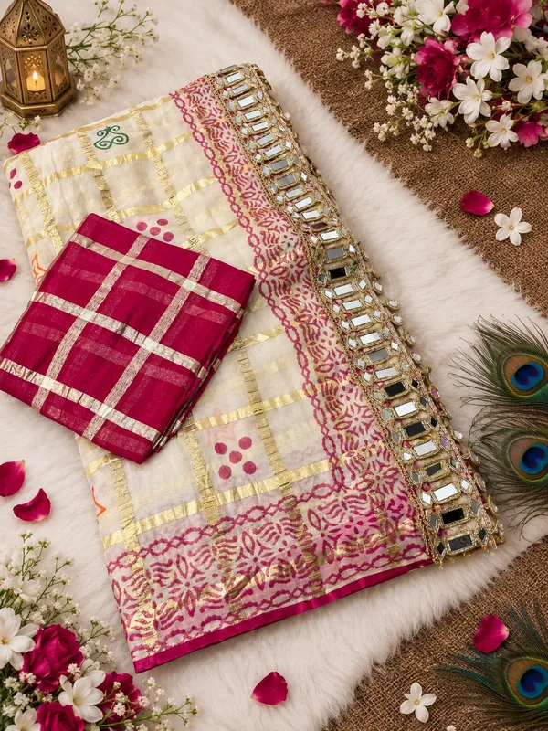 Off_White_&_Wine_Soft_Viscose_Checkered_Woven_Saree_with_Printed_Design_&_Heavy_Mirror_Work_Border
