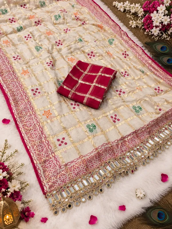 Off_White_&_Wine_Soft_Viscose_Checkered_Woven_Saree_with_Printed_Design_&_Heavy_Mirror_Work_Border