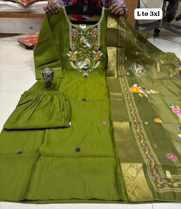 Olive_Green_Heavy_Maslin_Silk_Embroidered_Kurti_Pant_Set_with_Digital_Printed_Dupatta