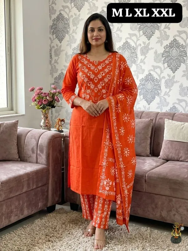 Orange_Printed_Straight_Fit_Kurta_Set_For_Women