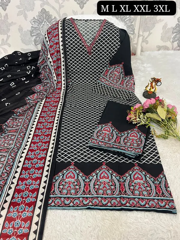 Premium_Cotton_Printed_3-Piece_Kurti_Set_with_Pant_&_Dupatta_–_V-Neck_Ethnic_Suit_Set