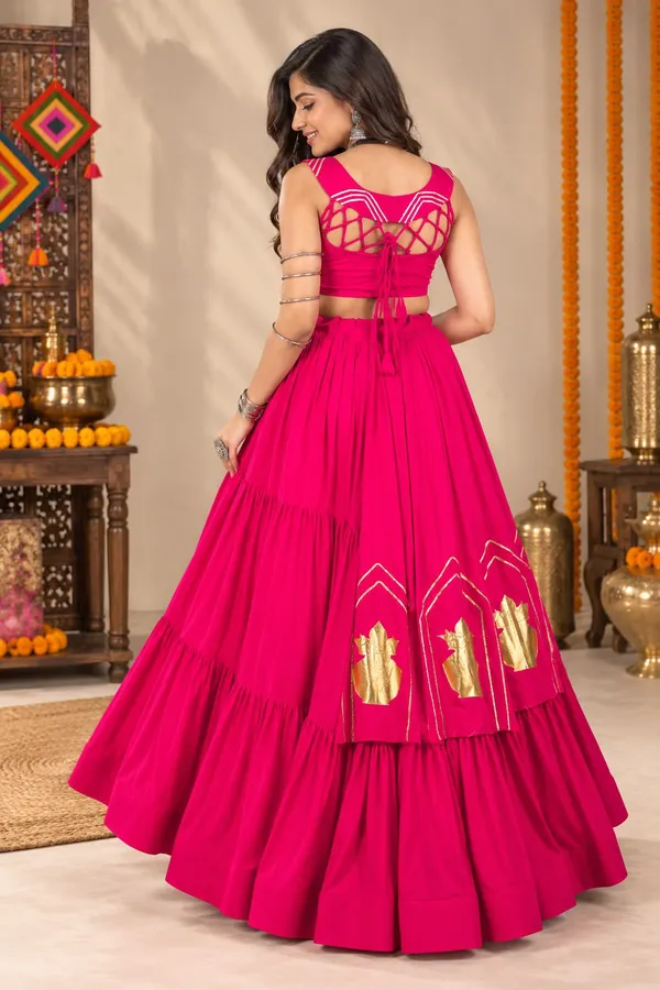 Rani_Pink_Rayon_Cotton_Chaniya_Choli_with_Golden_Kalash_Patch_Work_–_Navratri_Garba_Lehenga_Set