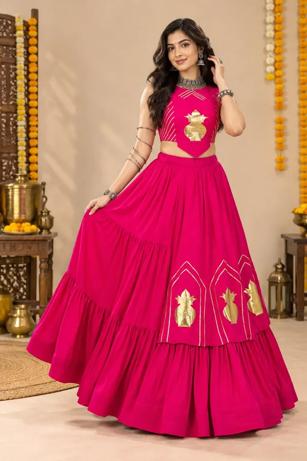 Rani_Pink_Rayon_Cotton_Chaniya_Choli_with_Golden_Kalash_Patch_Work_–_Navratri_Garba_Lehenga_Set