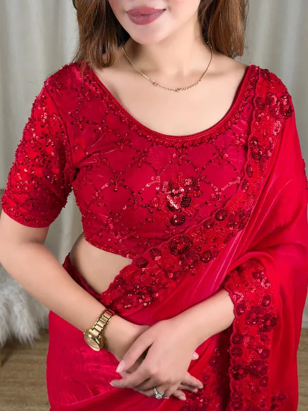 Red_Fandy_Satin_Heavy_Beads_&_Sequins_Work_Saree_with_Blouse