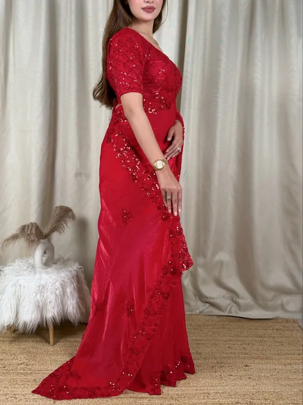 Red_Fandy_Satin_Heavy_Beads_&_Sequins_Work_Saree_with_Blouse