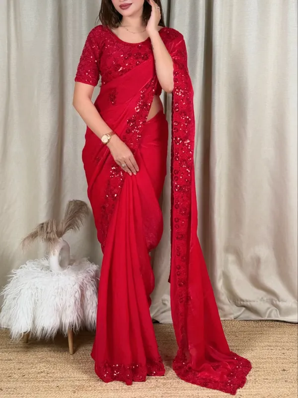 Red_Fandy_Satin_Heavy_Beads_&_Sequins_Work_Saree_with_Blouse