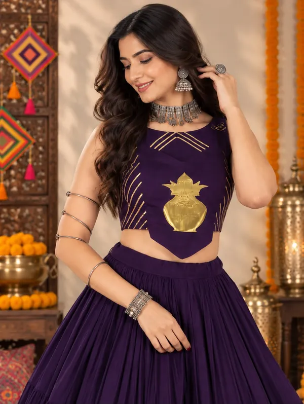 Royal_Purple_Rayon_Cotton_Chaniya_Choli_with_Golden_Kalash_Patch_Work_–_Navratri_Garba_Lehenga_Set