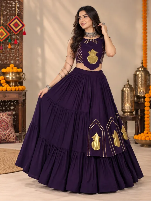 Royal_Purple_Rayon_Cotton_Chaniya_Choli_with_Golden_Kalash_Patch_Work_–_Navratri_Garba_Lehenga_Set