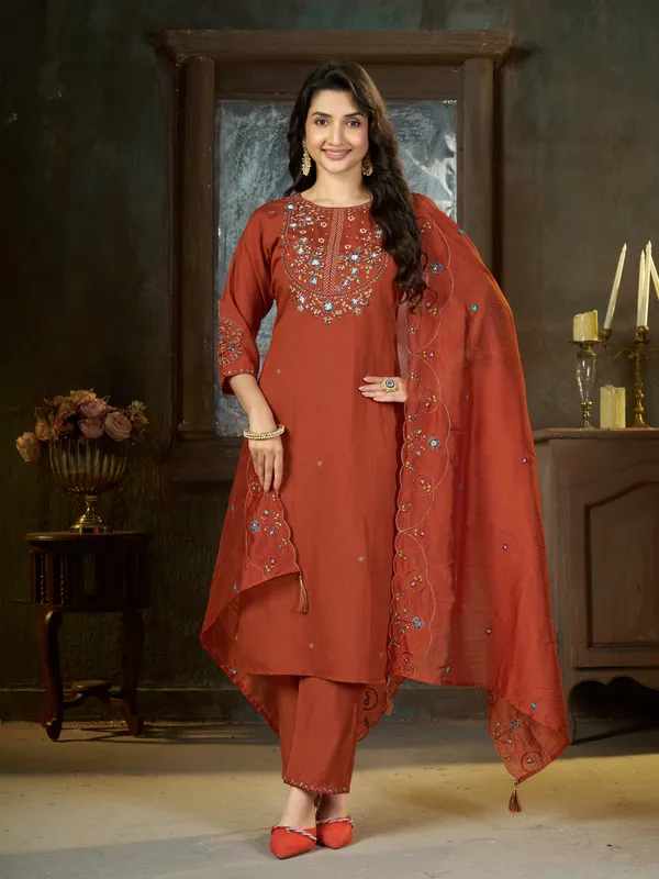 Rust_Orange_Floral_Embroidered_Kurta_Pant_Set_with_Dupatta_for_Women