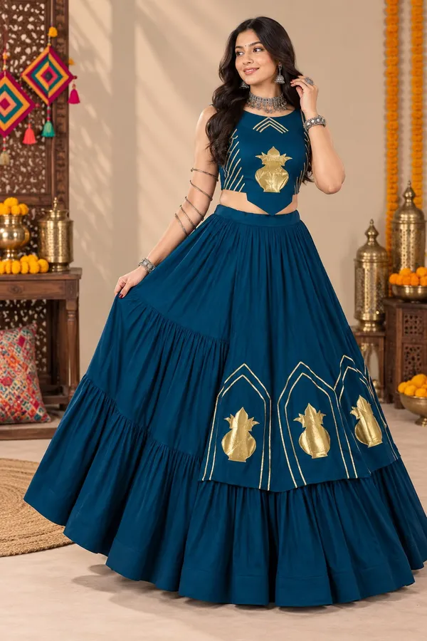 Teal_Blue_Rayon_Cotton_Chaniya_Choli_with_Golden_Kalash_Patch_Work_–_Navratri_Garba_Lehenga_Set