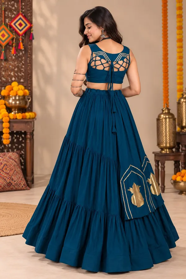Teal_Blue_Rayon_Cotton_Chaniya_Choli_with_Golden_Kalash_Patch_Work_–_Navratri_Garba_Lehenga_Set