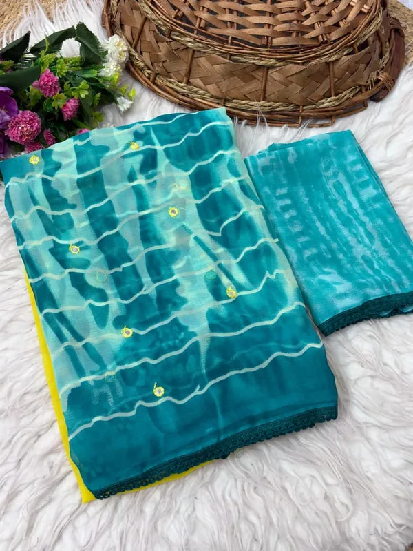 Teal_Blue_Wetless_Print_Saree_with_Aari_Work_&_Lace_Border_with_Blouse