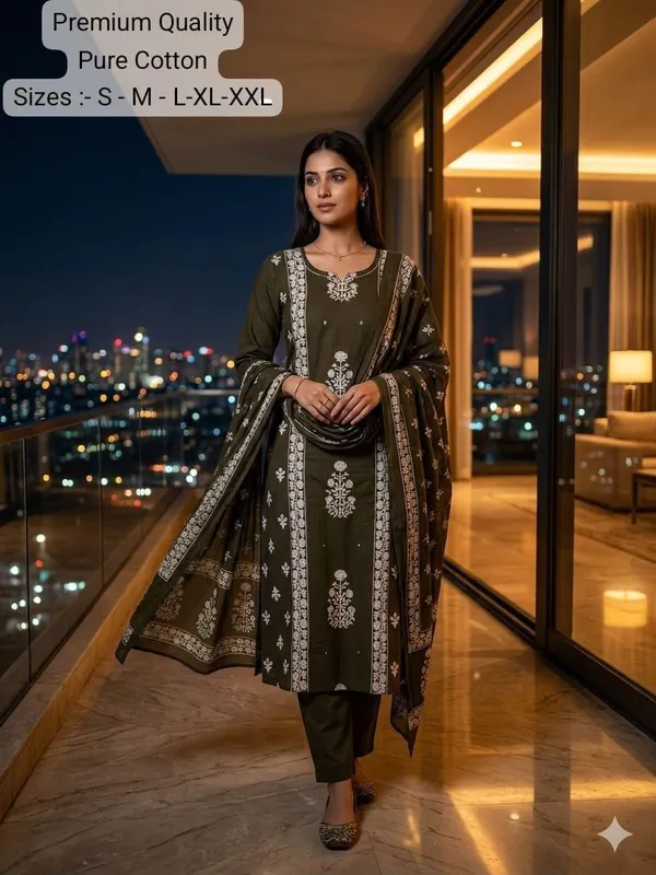 Olive_Cotton_Printed_Kurta_Set_For_Women