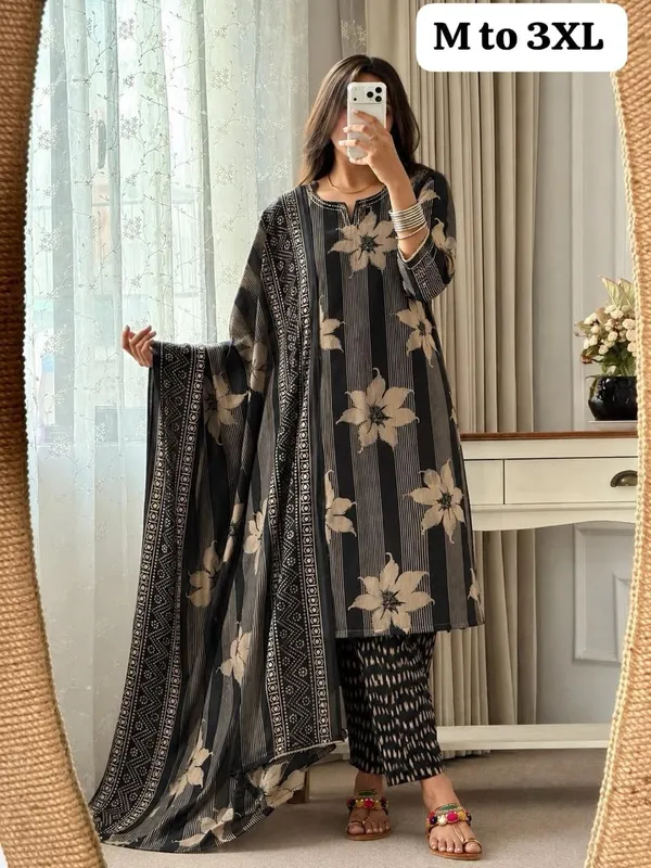 Navy_Floral_Print_Straight_Salwar_Suit_Set_For_Women