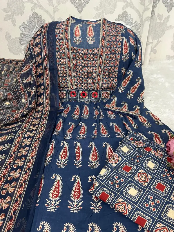 Premium_Bagru_Print_Mirror_Work_Jaipuri_Cotton_Kurta_Set