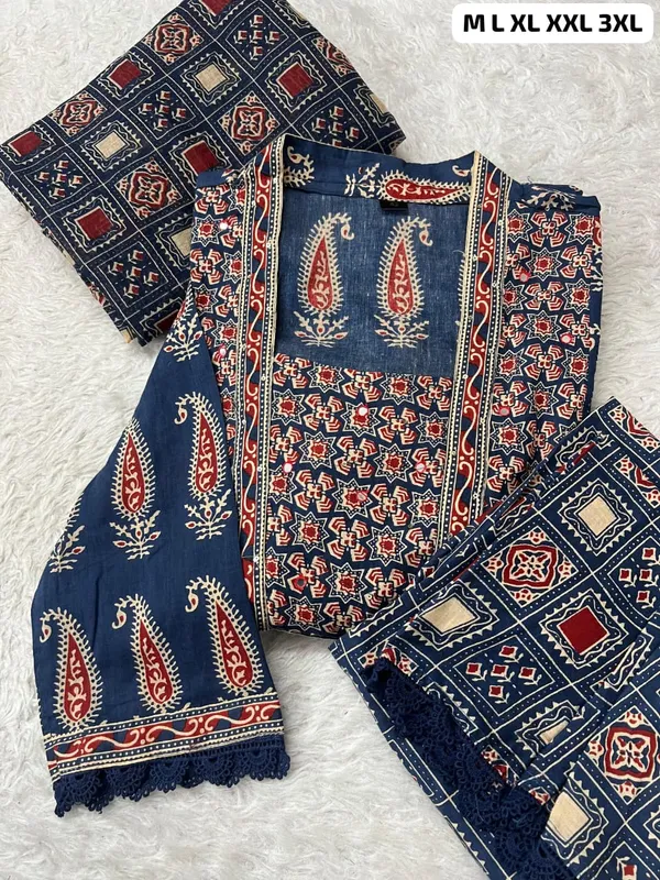 Premium_Bagru_Print_Mirror_Work_Jaipuri_Cotton_Kurta_Set